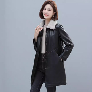 独特漂亮的初冬外套中长款加绒加厚保暖毛领时尚宽松PU皮衣女款
