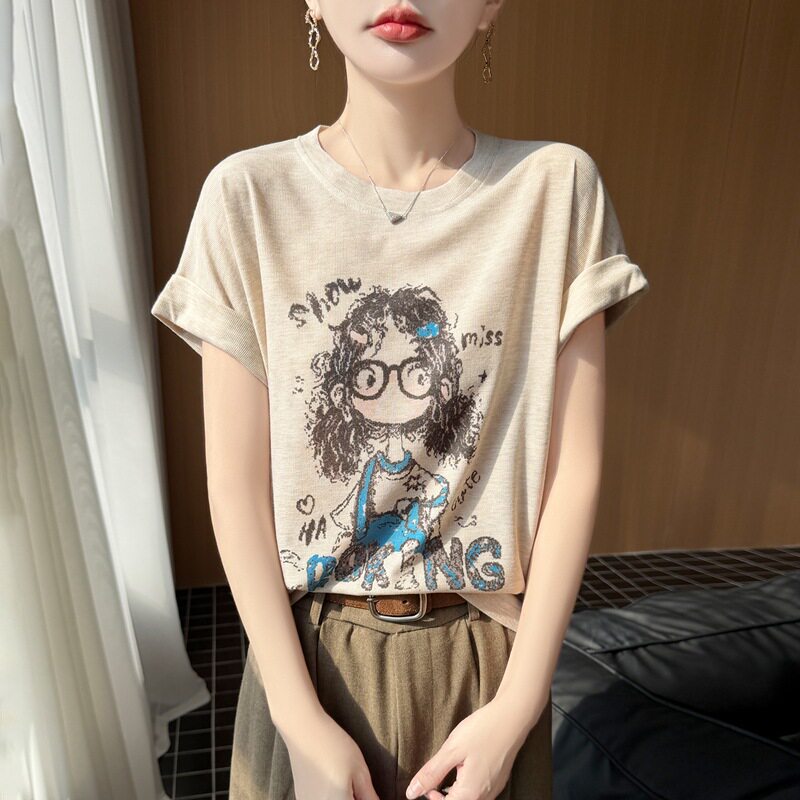 漂亮高质量短袖t恤2026夏季新短款宽松圆领眼睛女孩印花上衣女款