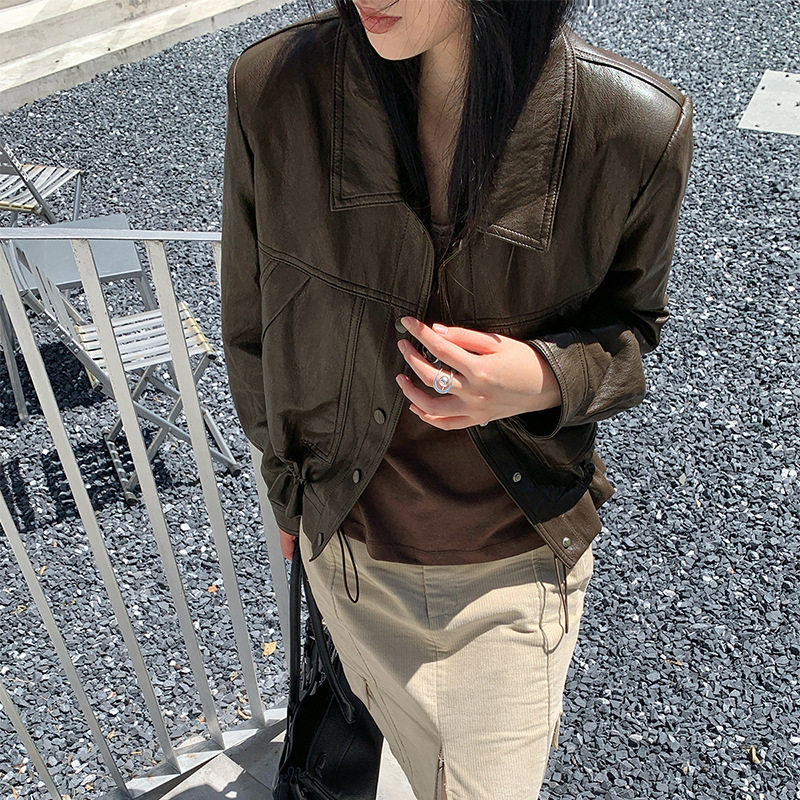 短款皮衣外套女款2026秋季新款修身帅气百搭翻领下摆抽绳pu皮夹