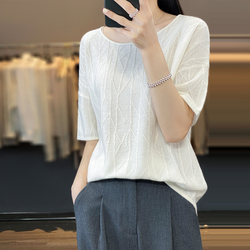 精纺羊毛t恤女短款2025夏季新款宽松圆领绞花半袖上衣短袖针织衫