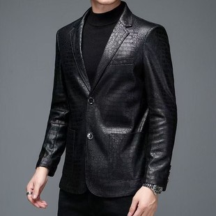2025春秋季新款鳄鱼纹西装领皮衣夹克高级感时尚潮流休闲西服男款