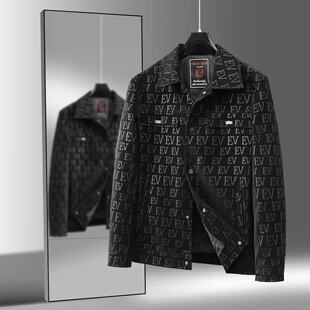 2025秋冬季新款压花翻领PU短款夹克皮衣男装时尚休闲百搭外套男款