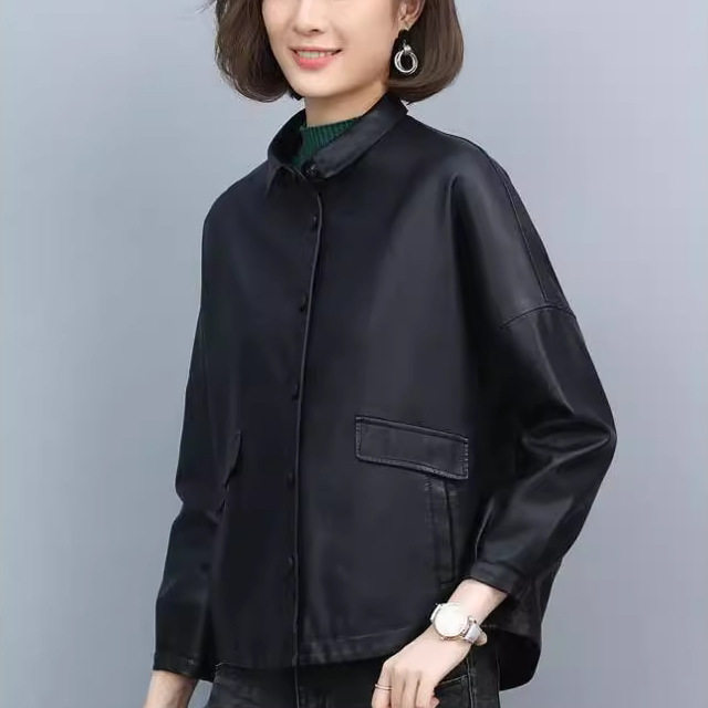 黑色洋气时尚翻领PU皮衣外套女短款2026早春新款胖妹妹大码皮夹克