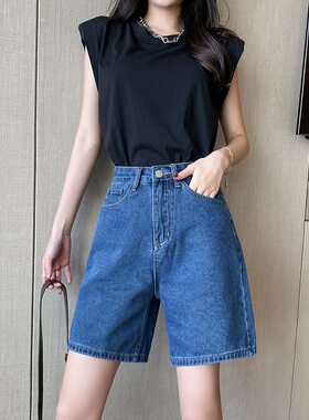 蓝色薄款高腰牛仔短裤五分裤女款2026夏季新款宽松休闲裤直筒裤子