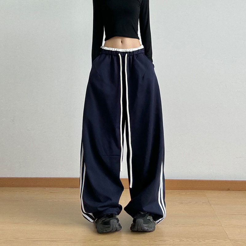 黑色潮流运动裤女款2026春秋季新款高腰宽松休闲直筒工装阔腿裤子