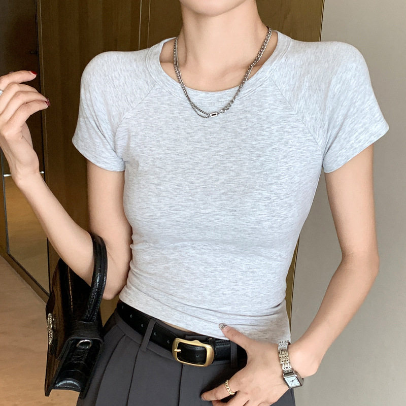 白色插肩袖圆领正肩短袖T恤女2026夏季新款透气修身显瘦款上衣