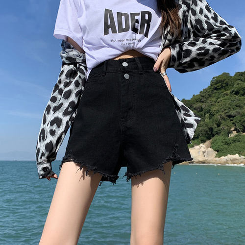 黑色破洞牛仔短裤女款ins新款双扣设计高腰外穿阔腿毛边a字热裤子