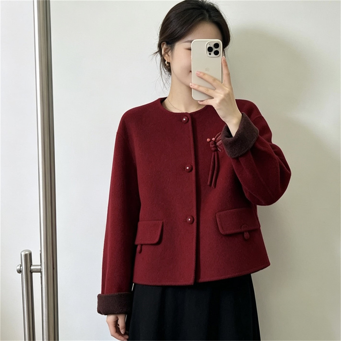 2026秋冬新款国风中式小香风毛呢外套短款圆领单排扣羊毛大衣女款