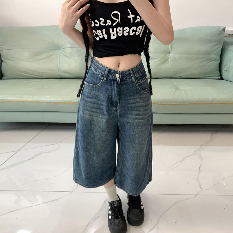 阔腿七分牛仔短裤女美式夏季薄款高腰大码宽松显瘦胖mm直筒裤子