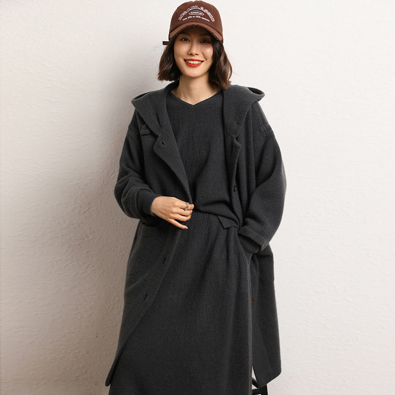 山羊绒大衣女2025春秋新款女装宽松连帽中长款系扣休闲慵懒风外套