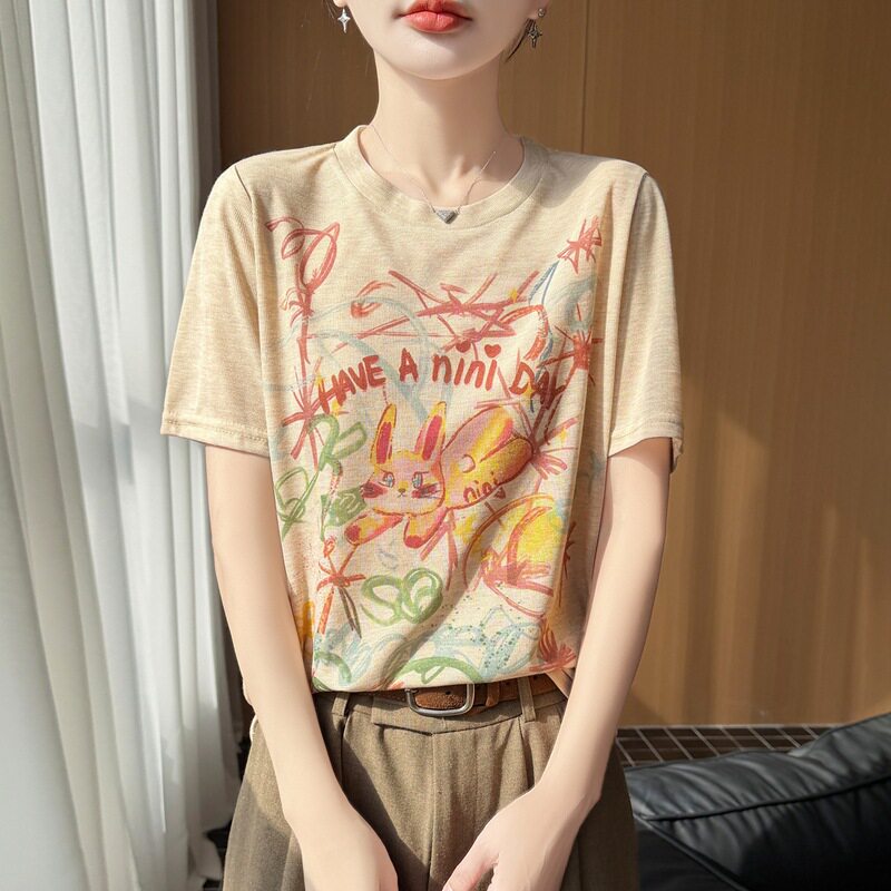 2026夏季新短款圆领宽松卡通彩绘设计感短袖T恤印花气质上衣女款