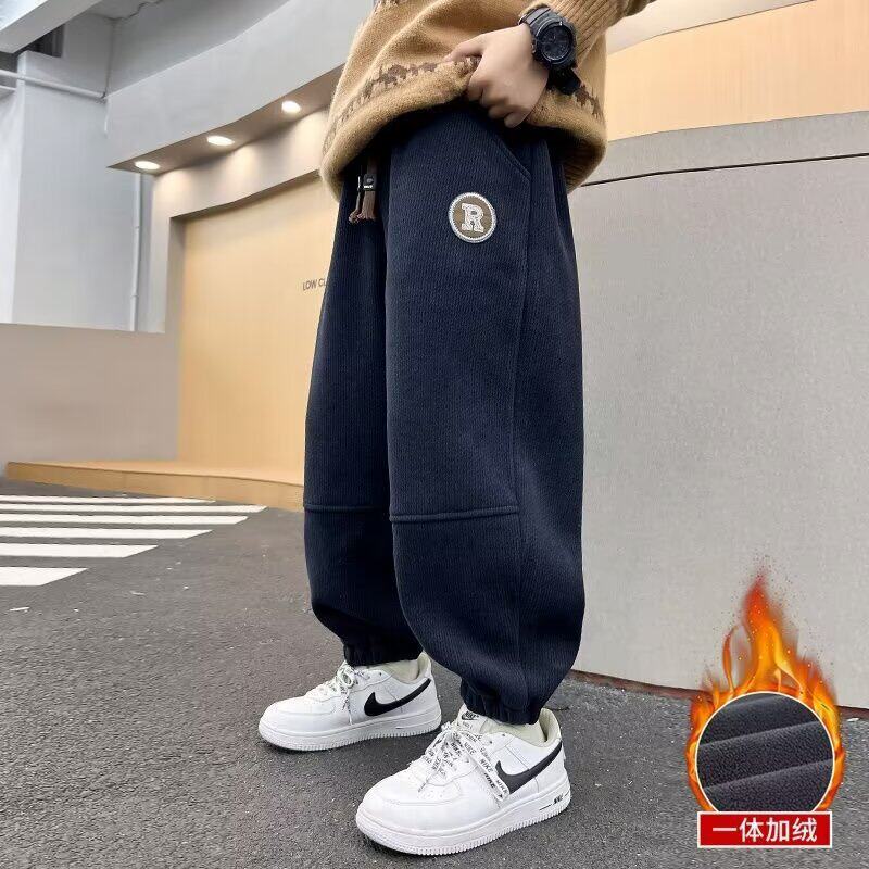 男童冬季加绒裤子秋冬款2023新款儿童棉运动裤一体绒中大童厚卫裤
