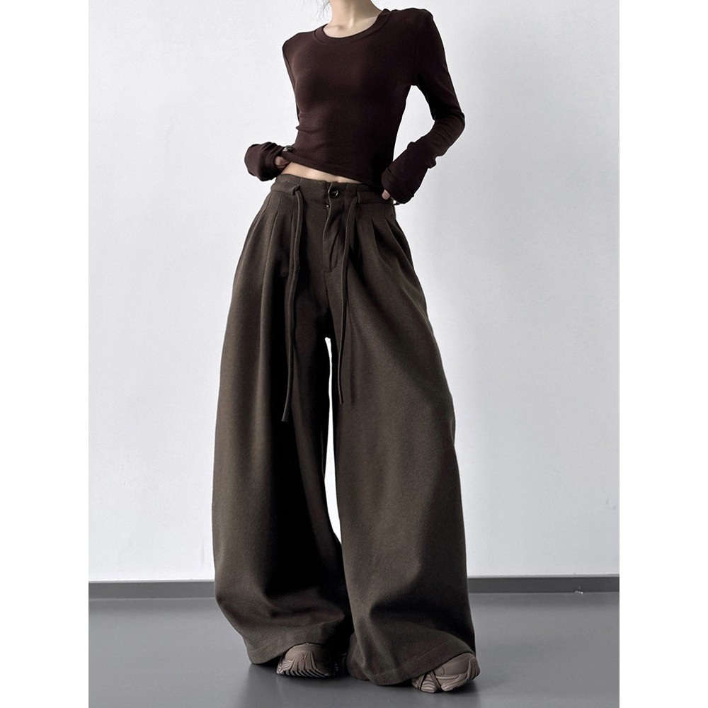 美拉德穿搭秋冬加厚咖啡色休闲裤女2024冬季新款复古拖地阔腿裤子,女装/女士精品,卫裤,淘宝优惠券,粉丝福利购,淘宝优惠卷