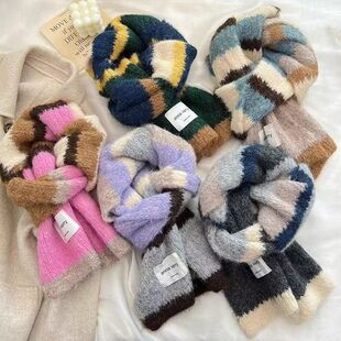 韩版彩色多巴胺条纹撞色羊驼长毛厚针织围脖桐庐围巾女冬季高级感