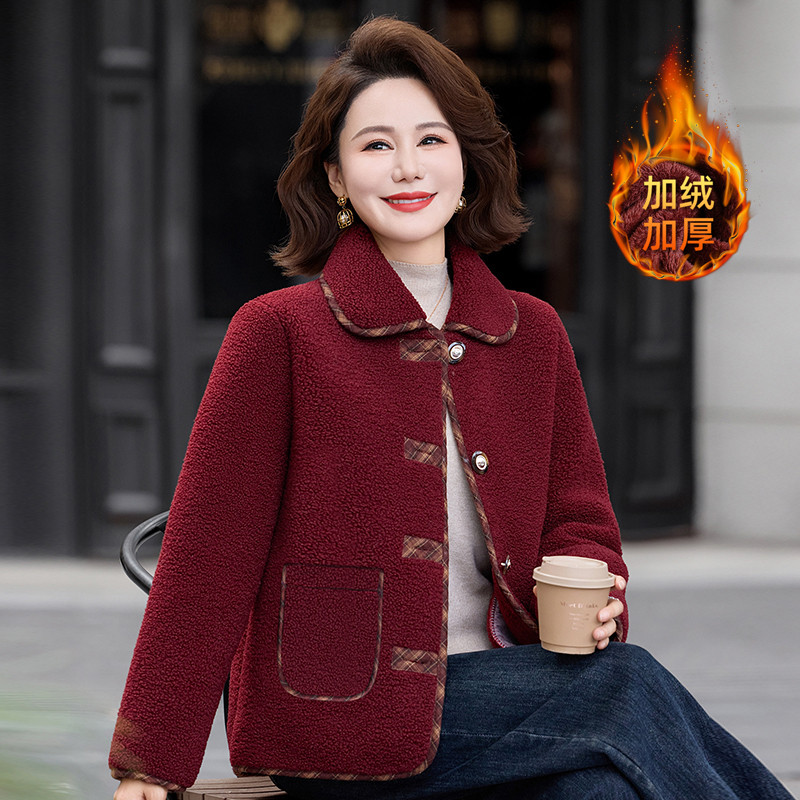 妈妈秋冬颗粒绒绒外套短款棉衣中老年人女冬装洋气加绒加厚小棉袄