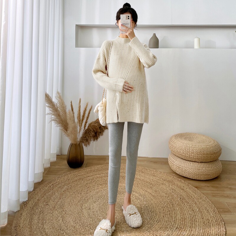 출산 착용 가을 겨울 스웨터 한국 스타일 봄 가을 느슨한 대형 니트 슬릿 풀오버 탑 솔리드 컬러 바닥 셔츠 여성용