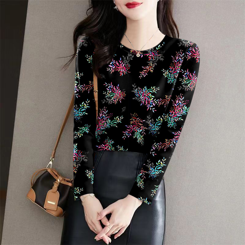 洋气女装秋冬薄款长袖圆领上衣印花爆款妈妈装宽松显瘦韩版t恤潮