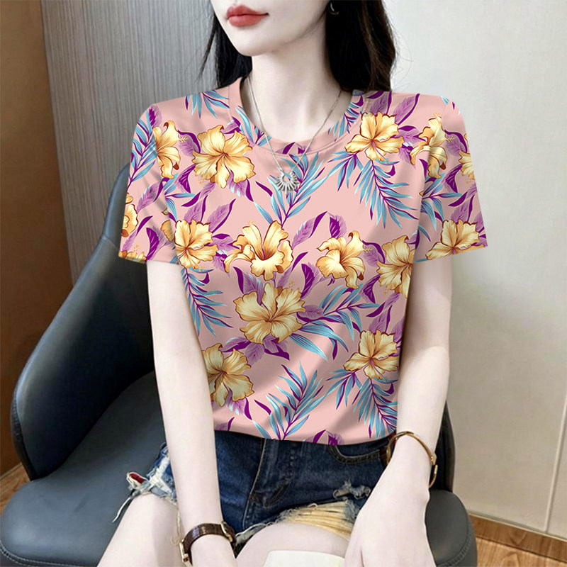 女士夏季印花小衫冰丝螺纹时尚圆领短袖T恤复古时髦通勤洋气上衣