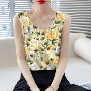 夏季 印花圆领背心减龄上衣气质冰丝时尚 透气女装 碎花洋气减龄薄款