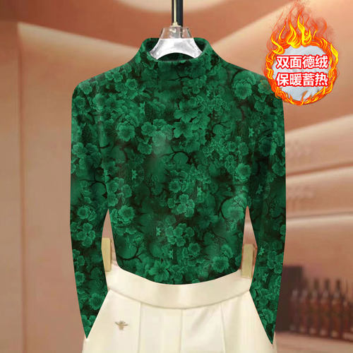 碎花妈妈装德绒秋冬保暖打底衫外穿显瘦大码加厚新款半高领上衣女