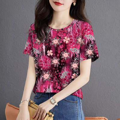 时尚夏季气质小衫百搭短袖显瘦T恤印花薄款上衣女装透气遮肚爆款