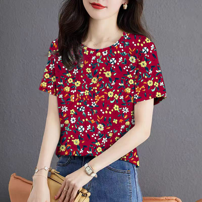 夏季气质小衫百搭短袖显瘦T恤印花薄款上衣女装透气圆领减龄洋气