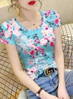 新款气质小衫百搭短袖显瘦T恤复古印花薄款冰丝上衣女装时尚气质