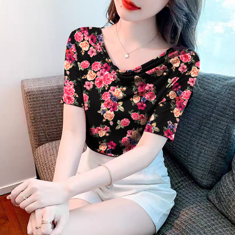 夏季女装时尚堆堆领短袖上衣碎花洋气透气减龄显瘦遮肚冰丝爆款