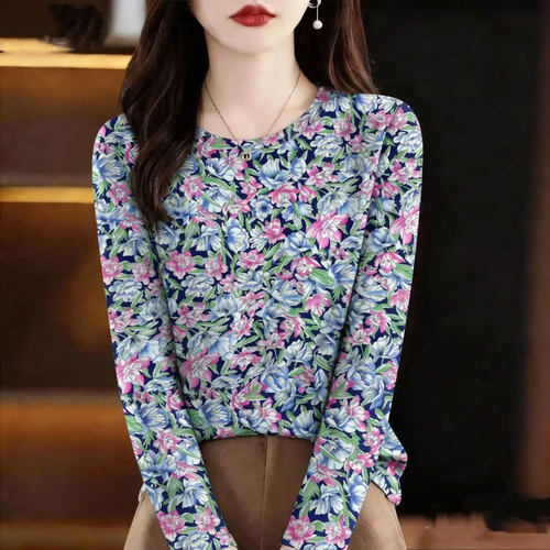 女士圆领薄款长袖T恤秋冬季碎花印花打底衫上衣休闲减龄时尚洋气