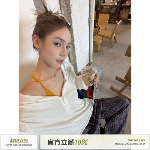 亨利领白色微透防晒罩衫T恤女