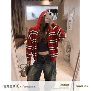 WOWPLAY杨九七 复古连帽撞色条纹针织开衫女秋冬宽松慵懒毛衣外套