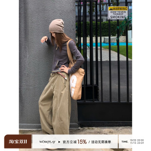 WOWPLAY杨九七 美式复古解构弯刀卡其色工装裤子女宽松直筒休闲裤