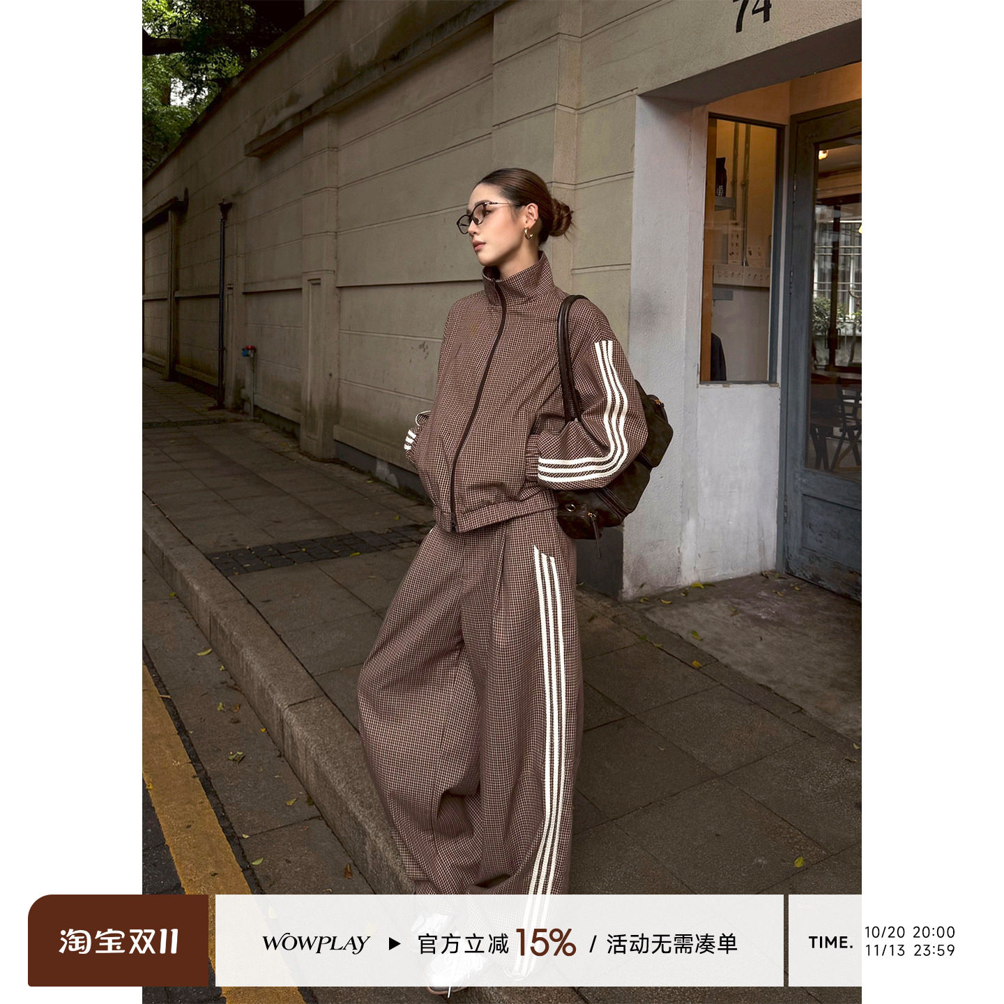 WOWPLAY杨九七 美式复古格子外套女秋季短款立领运动夹克春秋上衣