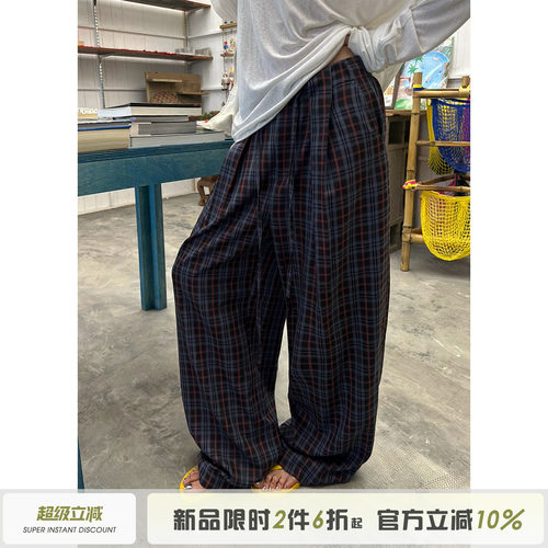 抽绳系带格纹阔腿裤子女