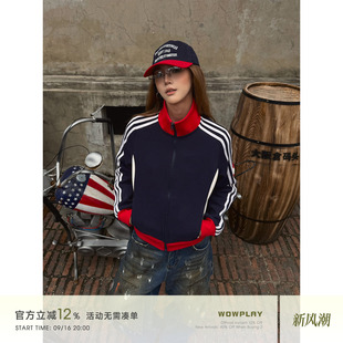 WOWPLAY杨九七 美式复古三条杠撞色短款外套女秋季立领运动夹克