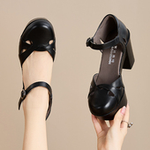 配裙子休闲玛丽珍单鞋 2026夏季 女粗跟厚底包头凉鞋 真皮高跟鞋 新款