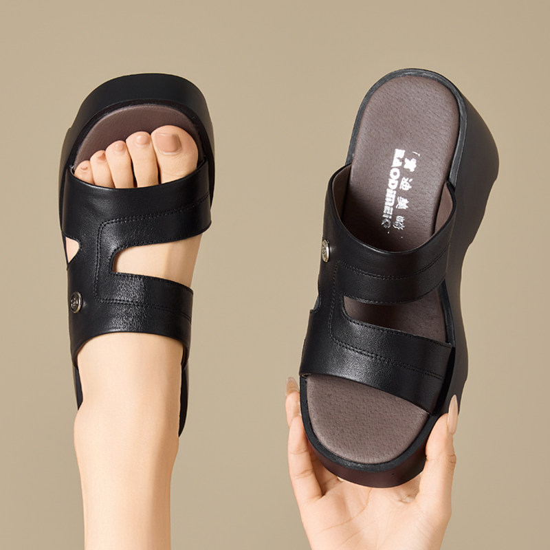 高跟拖鞋女夏外穿配裙子不累脚小个子显高真皮高级感厚底坡跟凉鞋