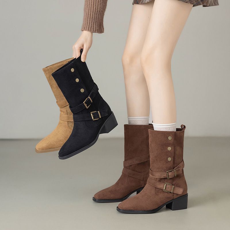 牛皮版~葡萄妈同款增高5.5cm马丁靴女美拉德粗跟靴子厚底扣带短靴