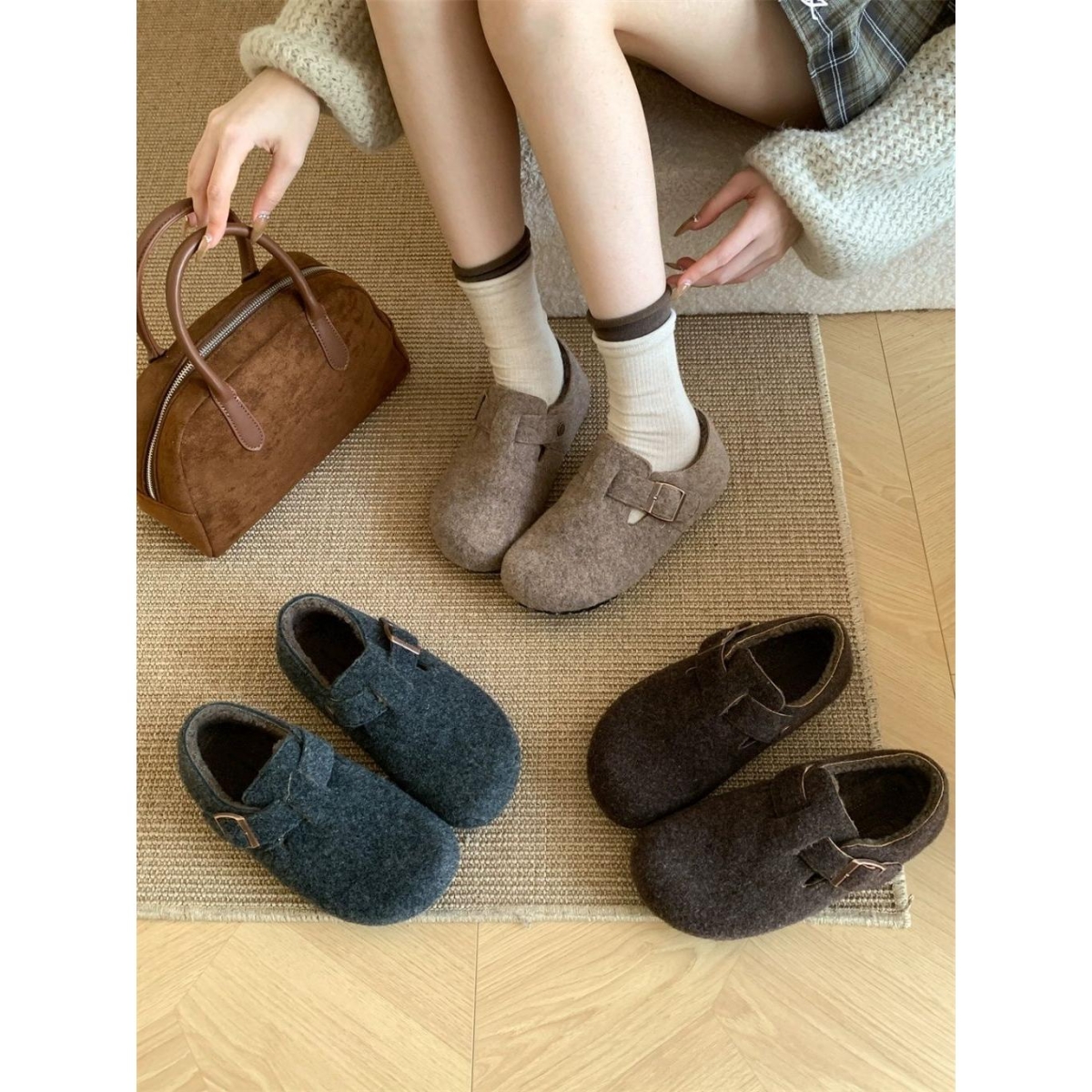 厚底内增高灰色毛呢全包勃肯鞋女2025新款秋冬季爆款一脚蹬博肯单