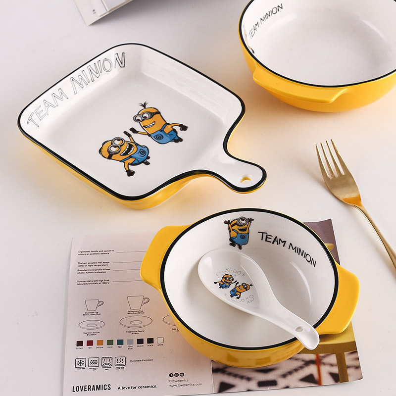 小黄人儿童碗碟子陶瓷双耳碗家用