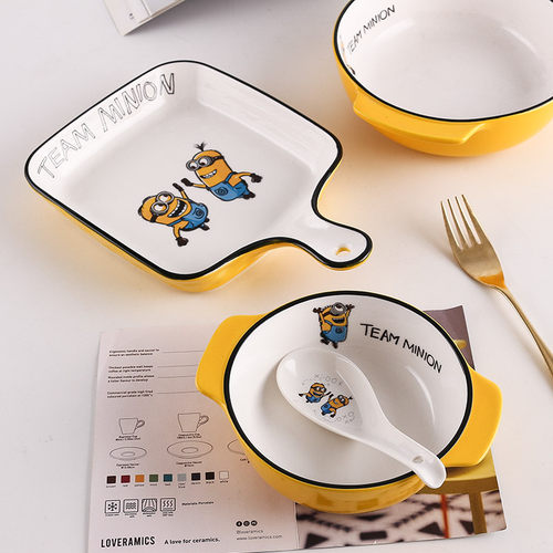 小黄人儿童碗碟子陶瓷双耳碗家用