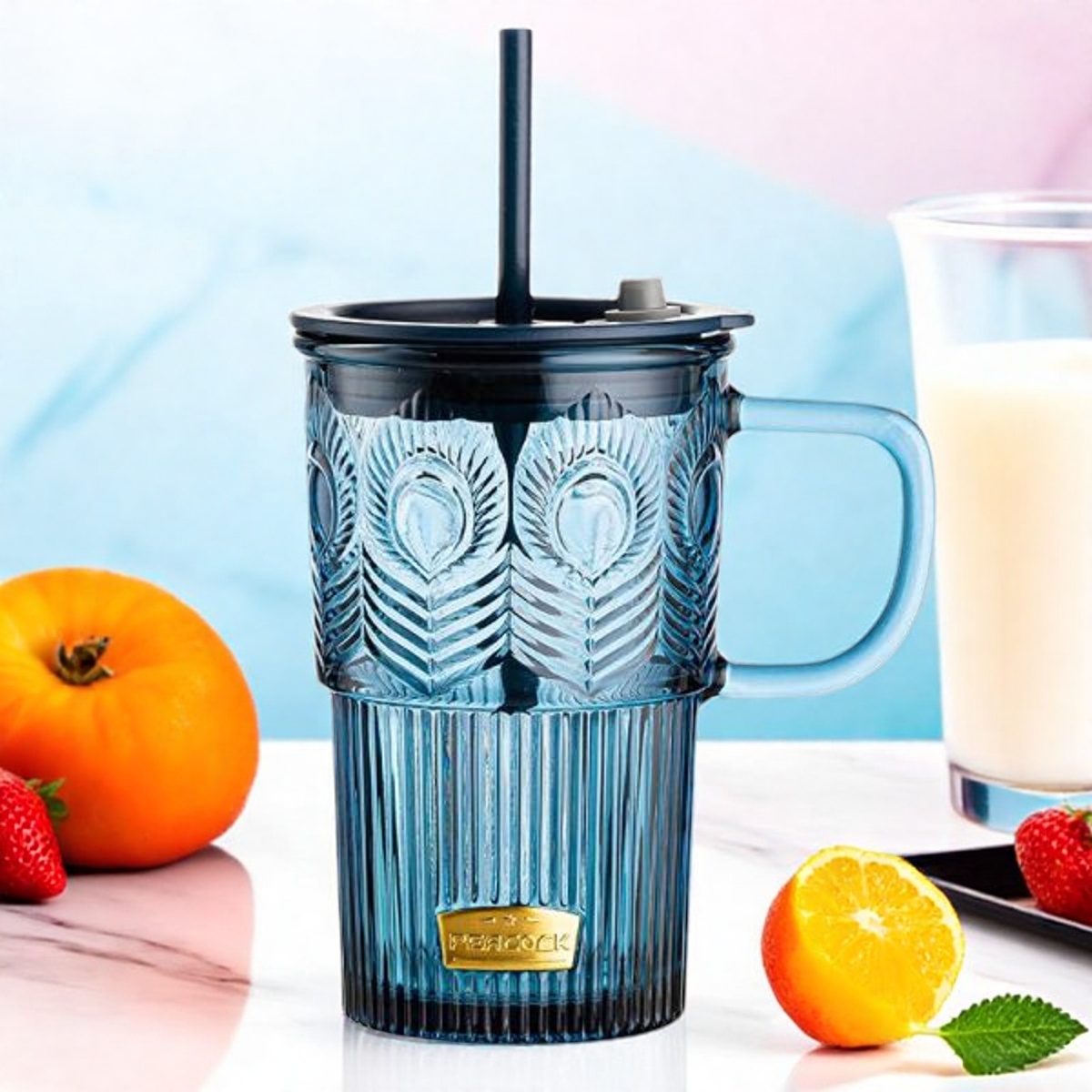 雀翎玻璃杯带盖吸管杯