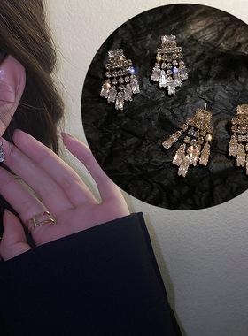 s925银针镶钻耳环女韩国时尚流苏气质耳坠网红个性百搭设计感耳饰