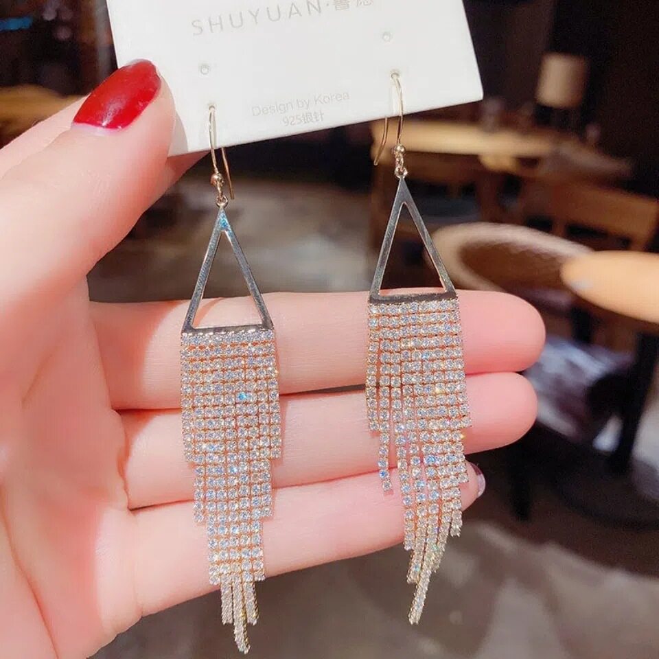 s925银针三角形镶钻流苏耳环女韩版时尚夸张耳坠网红气质百搭耳饰