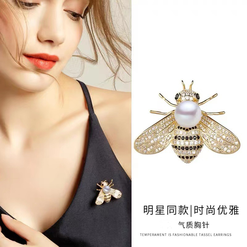 韩版时尚百搭珍珠镶钻蜜蜂胸针女