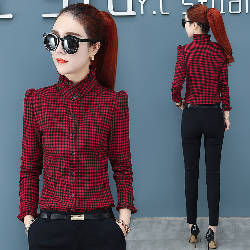 Real shot new professional shirt fashion Plaid medium length long sleeve stand collar shirt