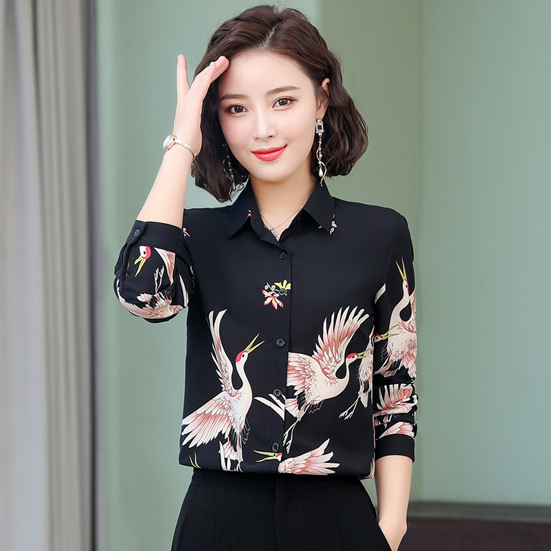 Real photo 2021 spring new Korean shirt loose retro crane Print Chiffon Top floral foreign style shirt