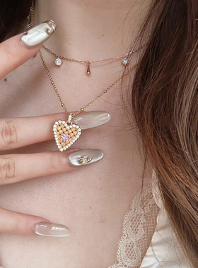 新中式拉丝爱心形编织粉钻项链