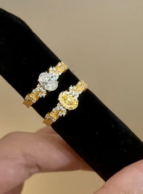 镀黄金白钻黄钻冰花切鸽子蛋戒指