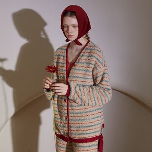 朵朵可可睡衣女秋冬新款羽毛绒条纹亲肤V领日系珊瑚绒家居服套装